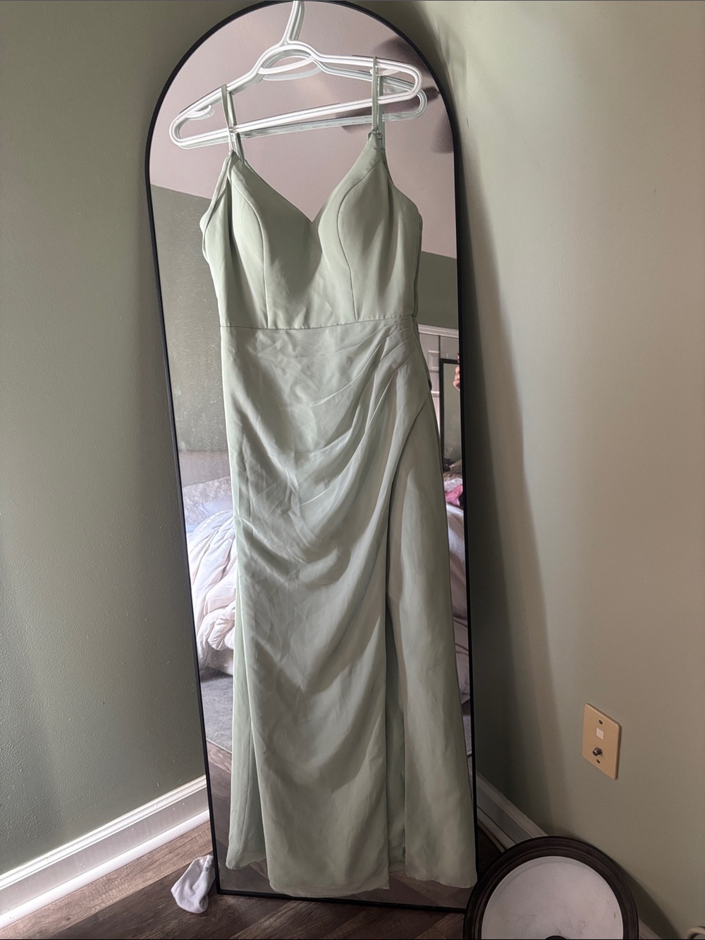 Azazie Sage Green Spaghetti Strap Bridesmaid Gown